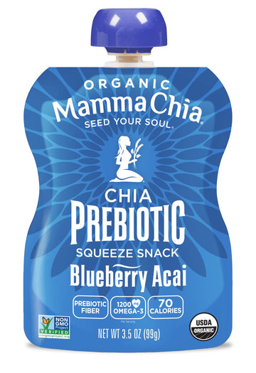 Mamma Chia Organic Prebiotic Squeeze Snack, Blueberry Acai, 16- 3.5 Ounce, Fiber-Rich Prebiotic Gut Support, Usda Organic, Non-G
