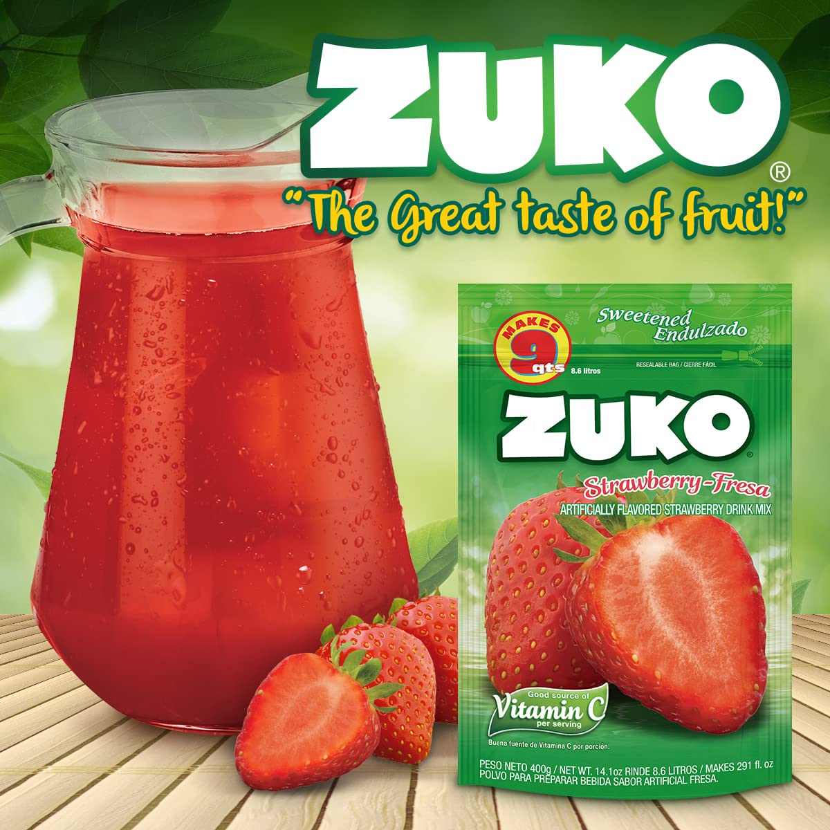 Zuko Strawberry Instant Powder Drink | Family Pack | No Sugar Needed | Vitamin C | 14.1 Ounce (Pack of 2)