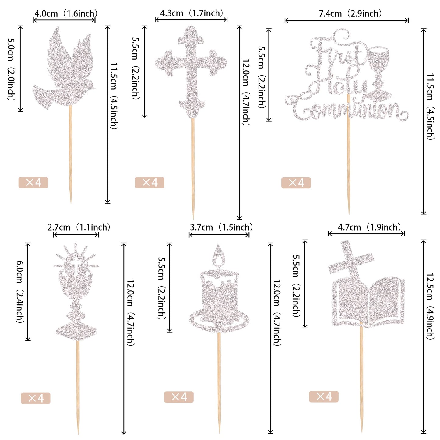 ZHUOWEISM Cupcake Toppers, 25 PCS Glitter First Communion Decorations, Silver, Bamboo, Small Size
