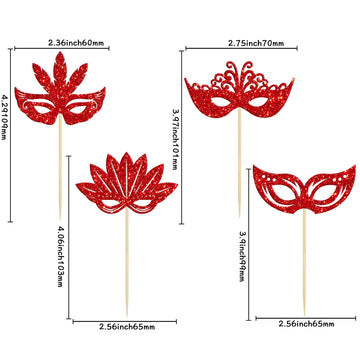 24Pcs Masquerade Masks Cupcake Toppers Red Glitter Mask Cupcake Picks For Masquerade Mardi Gras Party Baby Shower Birthday Weddi
