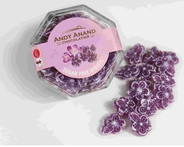 Andy Anand Sugar Free Candy Violets 50Pc - Typical Old Fashioned Hard Candy Dragee - Flower Shaped Five Petals Stevia Candy - Ze