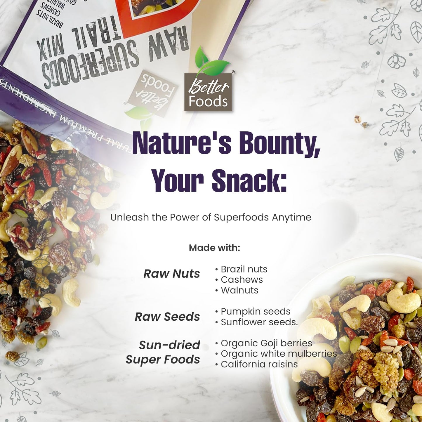 BetterFoods Raw Superfoods Trail Mix - The Works | Cashews, Mulberries, Pumpkin Seeds, Sunflower Seeds, Brazil Nuts, Goji Berrie