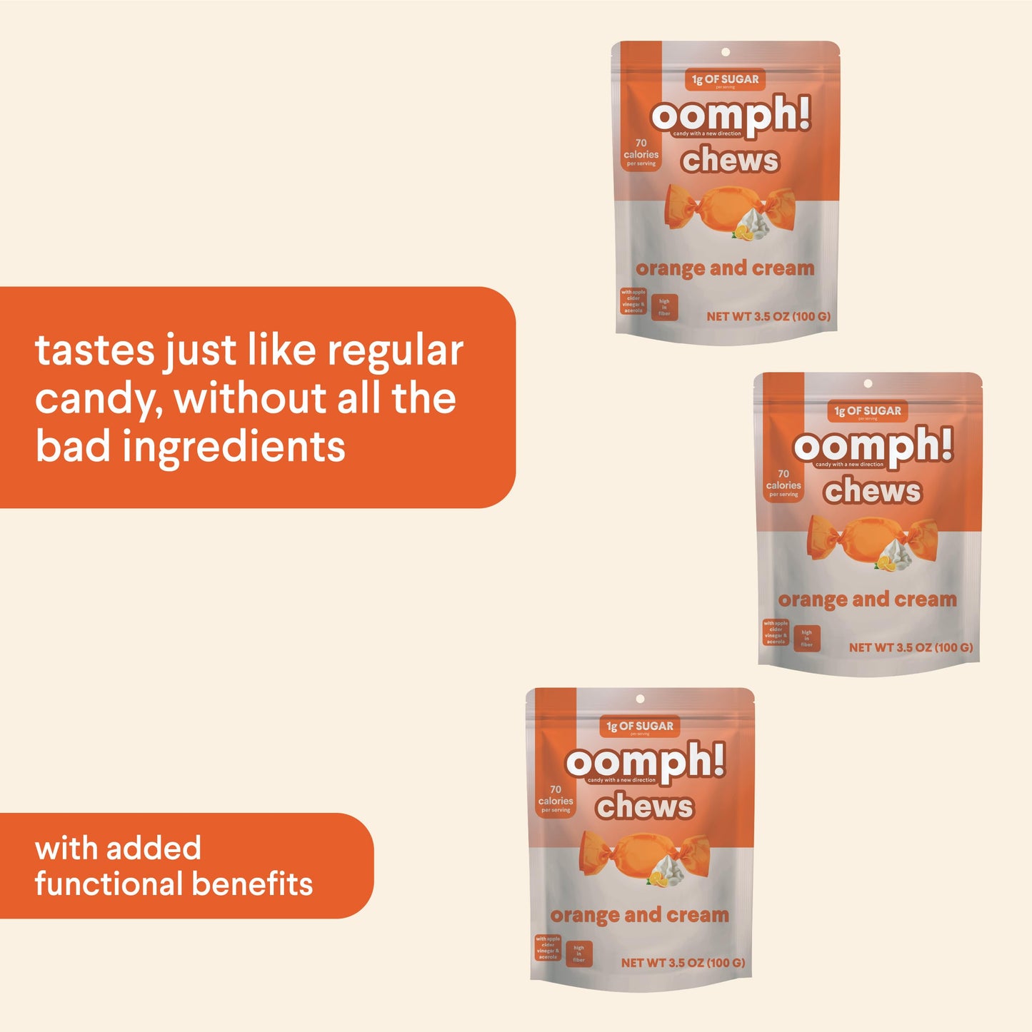 Oomph! Sweets Orange & Cream Low Sugar Taffy, High Fiber Vegan Candy, Low Carb, Low Calorie Snack, Keto-Friendly, Gluten Free De