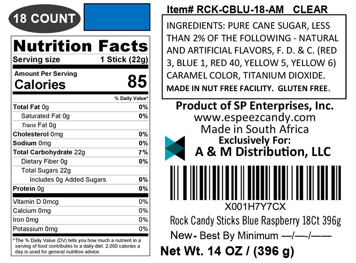 Espeez Blue Rock Candy Sticks, 18 Count - Individually Wrapped Lollipops for Candy Buffets, Birthdays, Weddings, Baby Showers