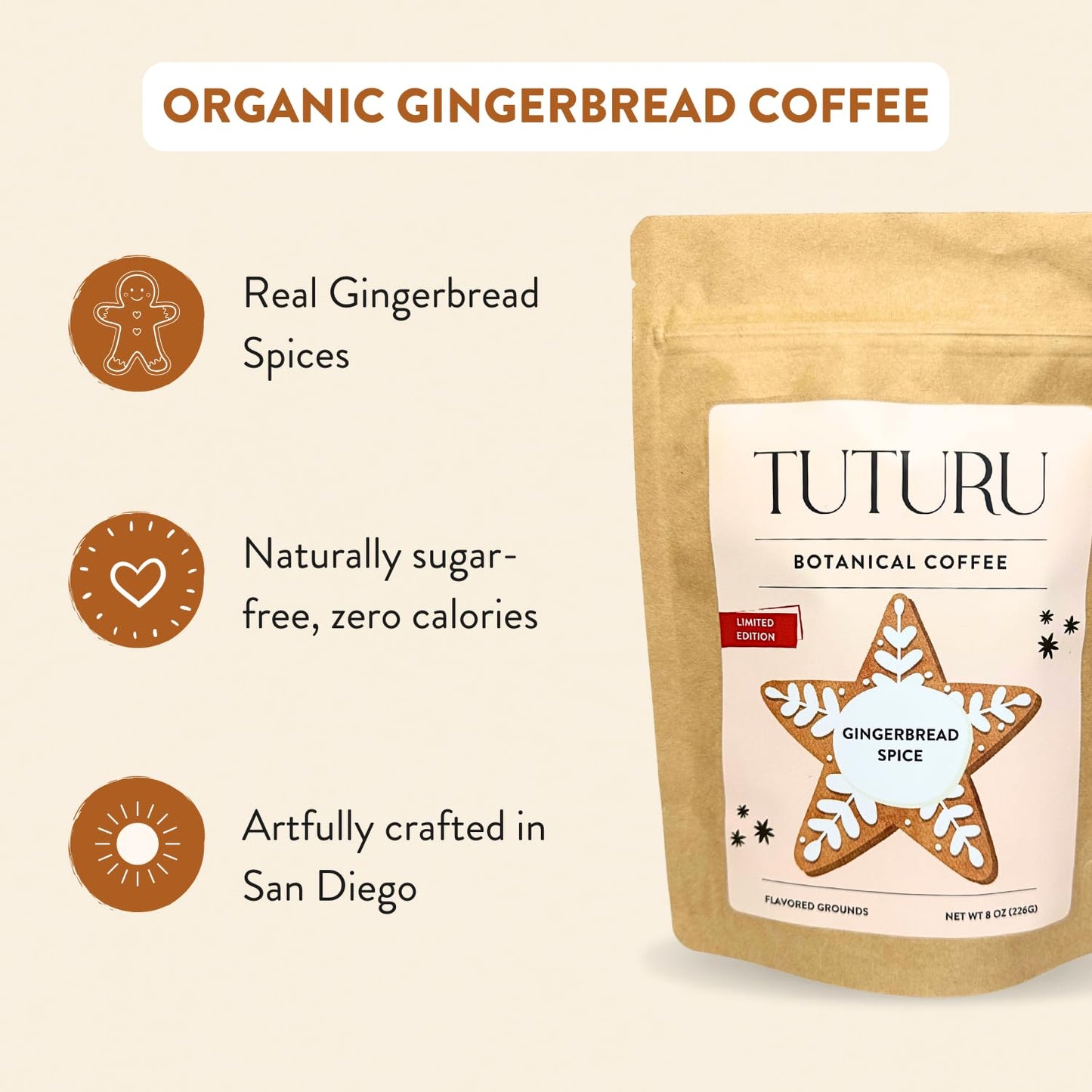 TUTURU Botanical Coffee Gingerbread Ground Coffee, Medium Roast, 8 oz, Flavored with Real Gingerbread Spices, Low-Acid for Drip or Cold Brew