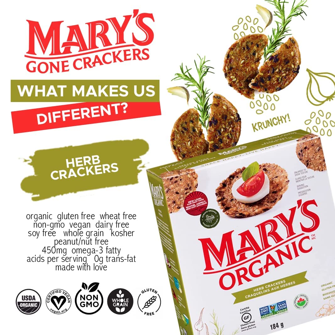 Mary'S Gone Crackers Herb Crackers, Organic Brown Rice, Flax & Sesame Seeds, Gluten Free, 6.5 Ounce