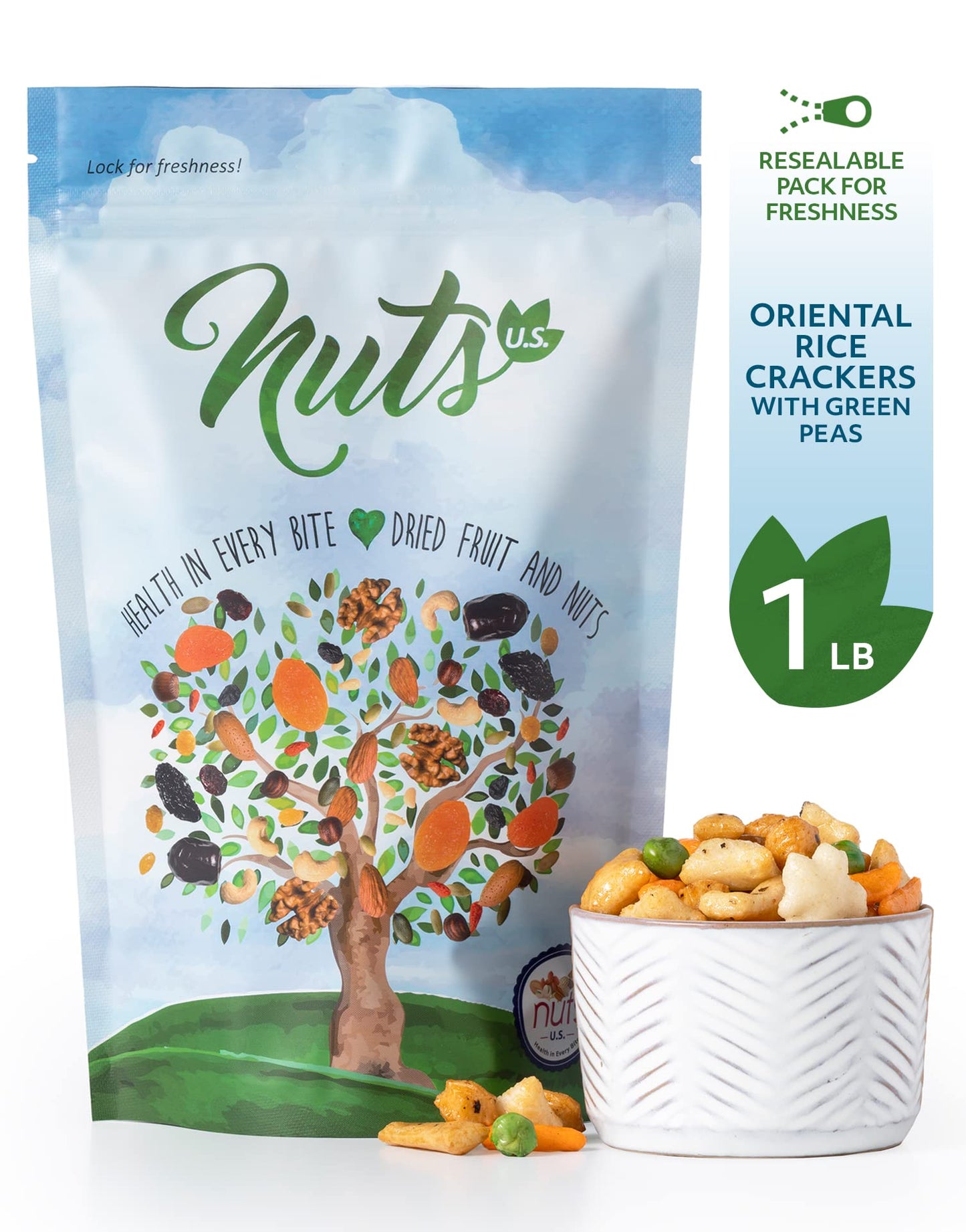 Nuts U.S. - Oriental Rice Crackers With Green Peas | Non-Gmo And Cholesterol Free | Vegan | Soy And Chili Flavor | Crunchy Baked