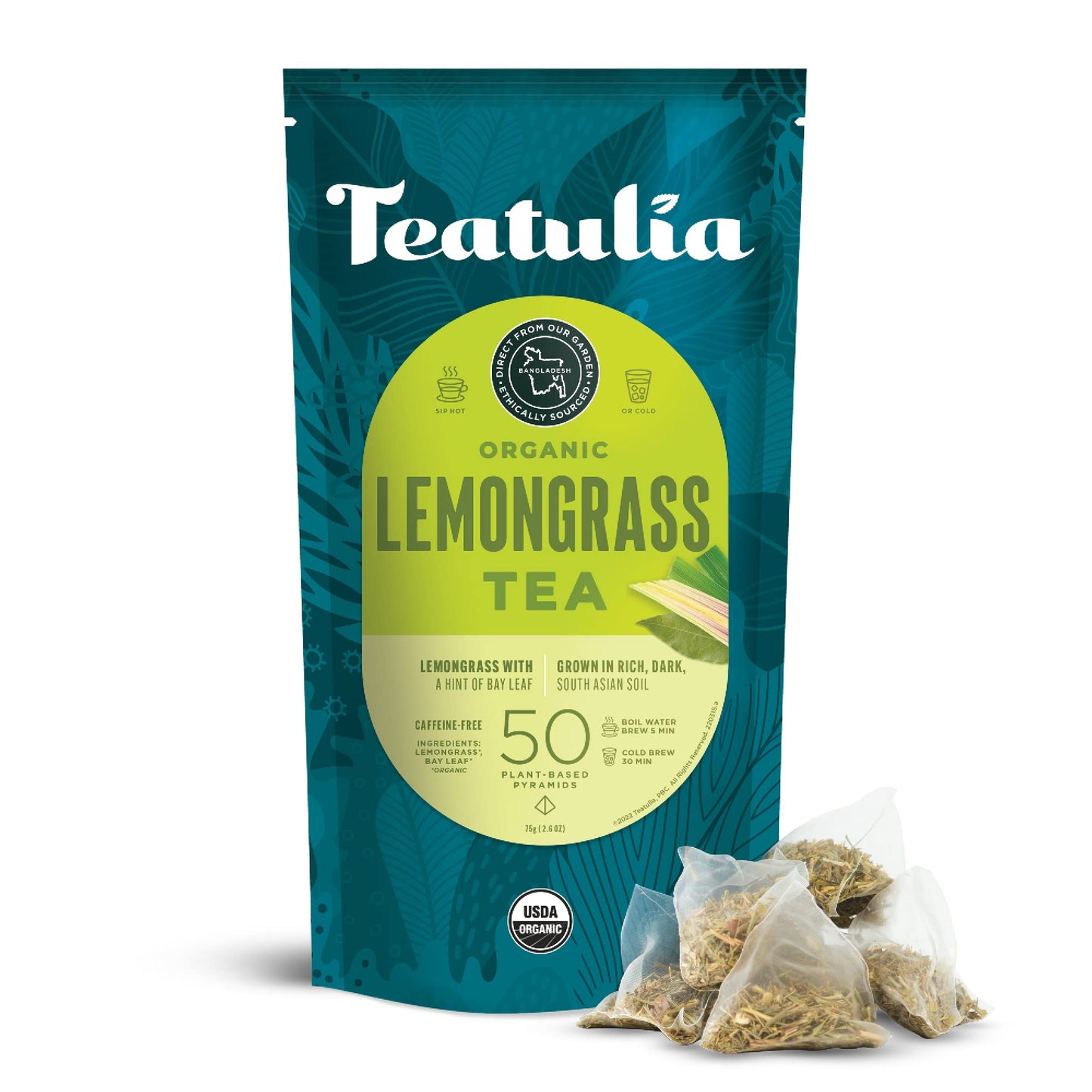 Teatulia Organic Lemongrass Tea Bags, Caffeine Free Herbal Tea, 50 Pyramid Sachets, Compostable, Sustainably Grown