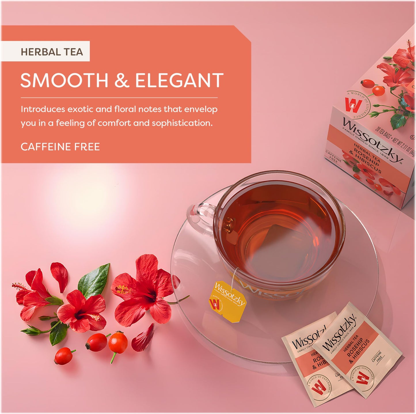 Wissotzky Herbal Tea, Rosehip & Hibiscus, Caffeine Free, 20 Tea Bags, 1 Pack