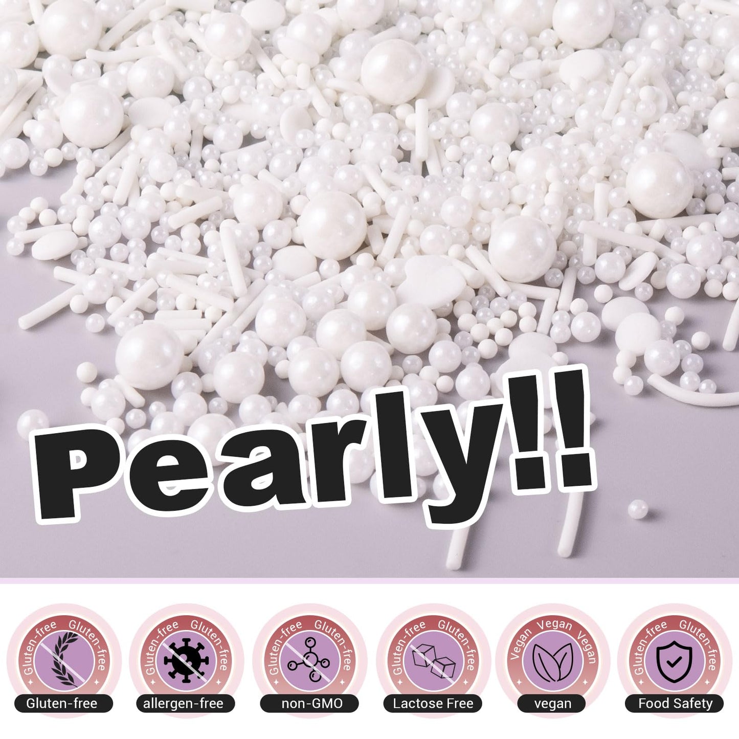 HUEBEATY 6-in-1 White Edible Cake Pearls Sprinkles for Cake Decorating, Cupcakes, Cookies & Ice cream | 180g/6.36oz | White Nonp