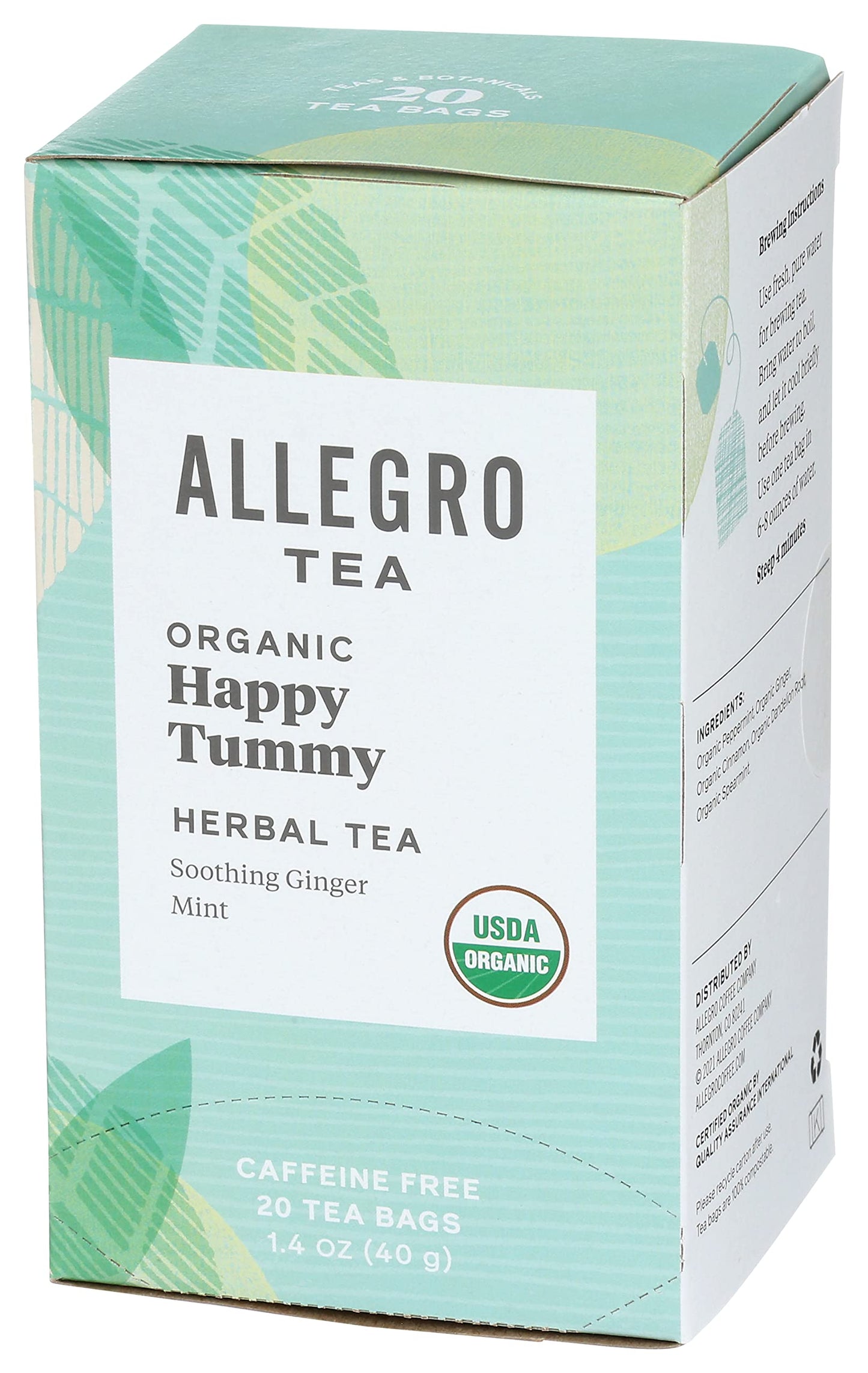 Allegro Tea Organic Happy Tummy Tea Bags, 20 Count, Herbal Blend, Caffeine-Free
