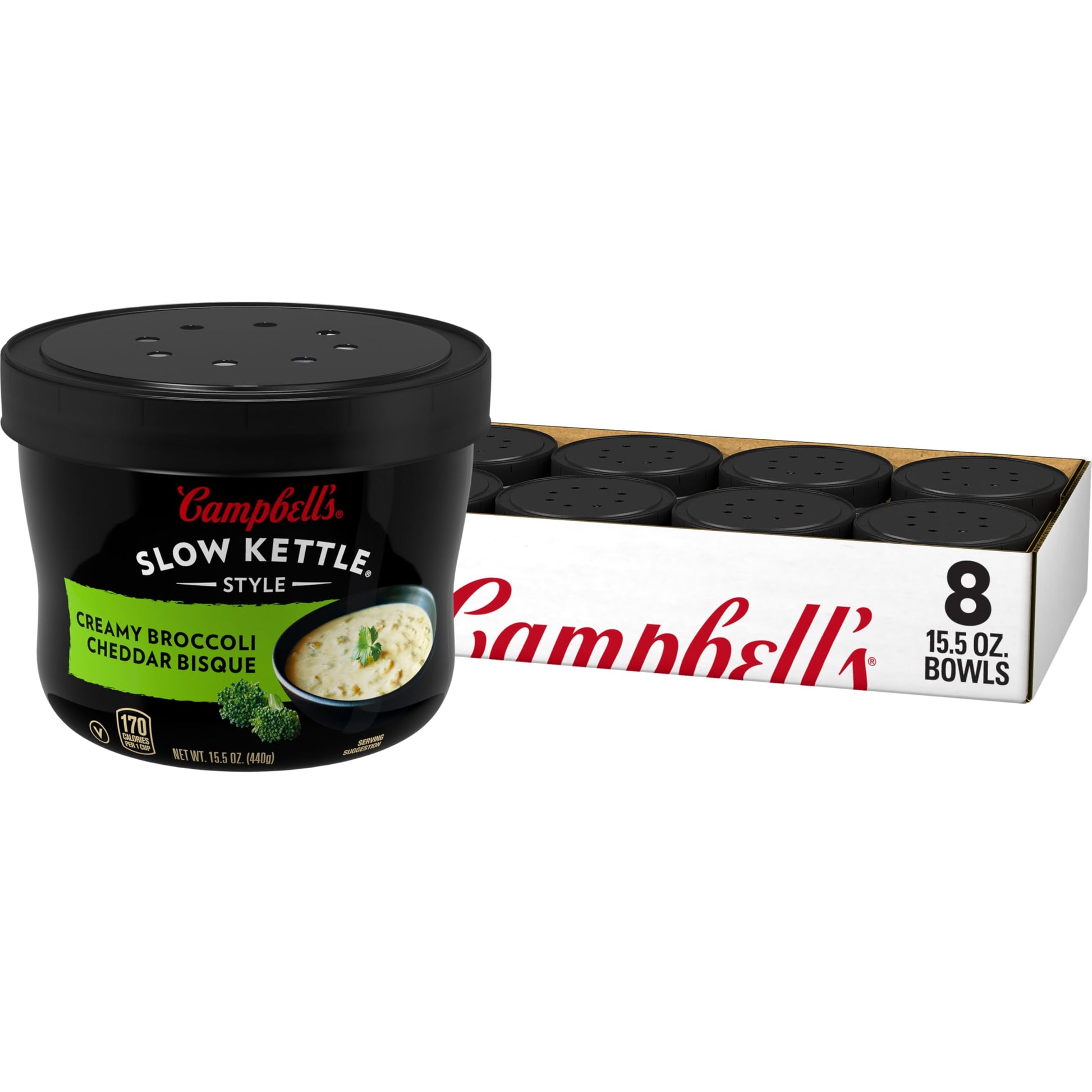 Campbell's Slow Kettle Style Creamy Broccoli Cheddar Bisque, 15.5 oz Microwavable Bowl (Case of 8)