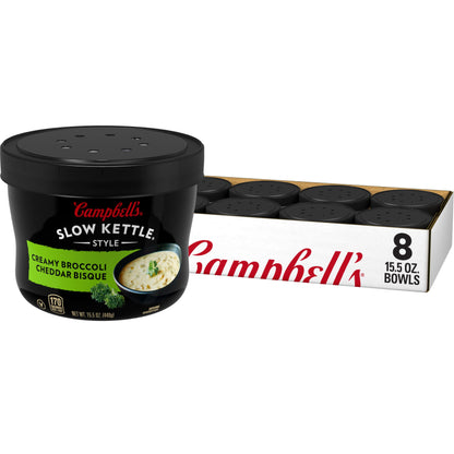 Campbell s Slow Kettle Style Creamy Broccoli Cheddar Bisque, 15.5 oz Microwavable Bowl (Case of 8)