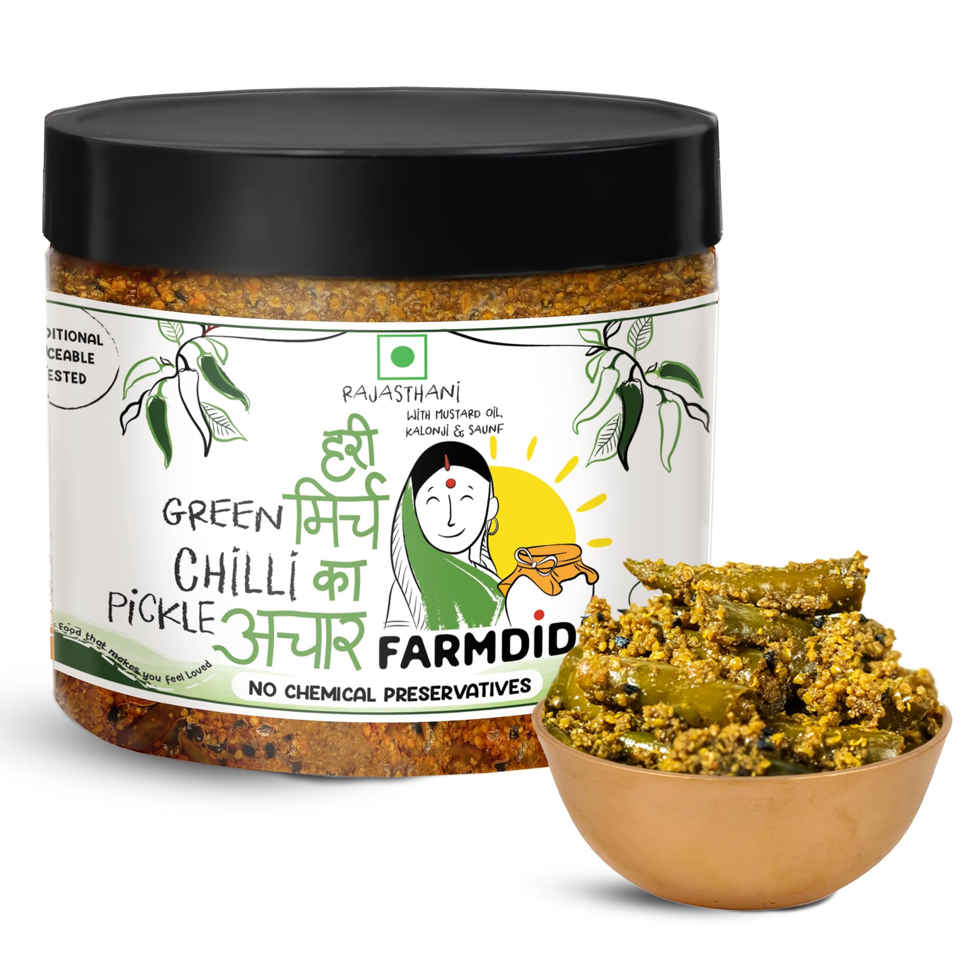 Farm Didi Rajasthani Green Chilli Pickle 325G In Fresh| Marwadi Hari Mirch ka Achar | Spicy Homemade Achaar With Mustard Oil | Theeka Ghar Ka Pickle | No Garlic | No Chemical Preservatives