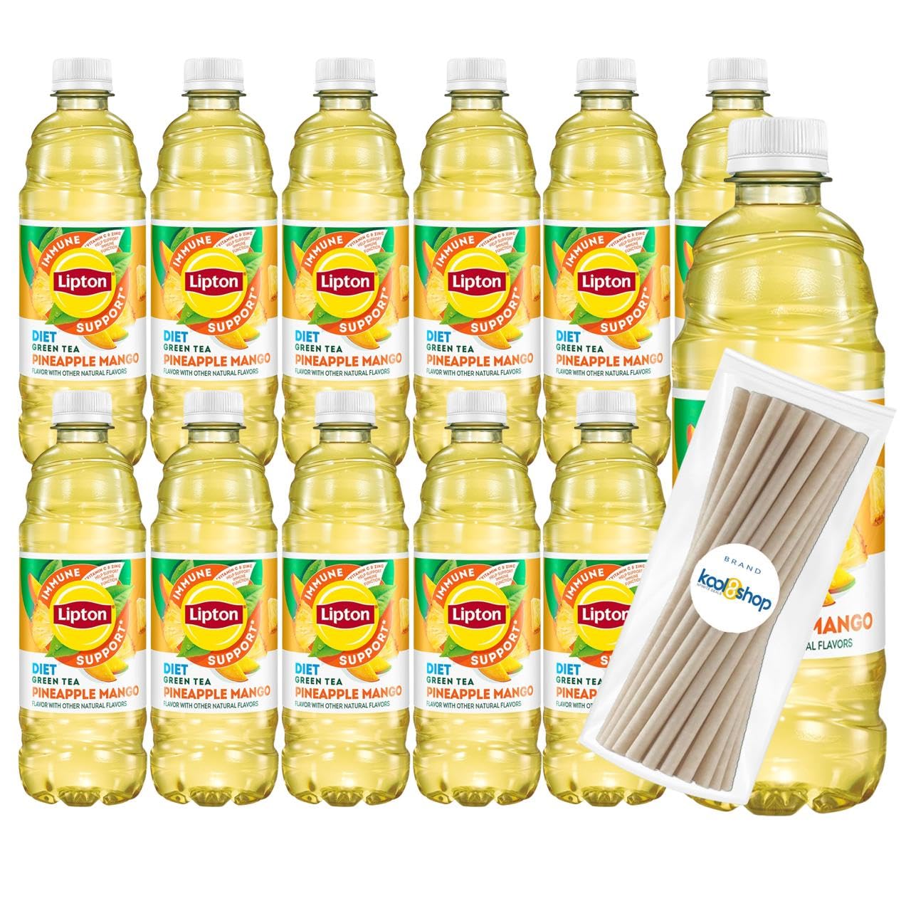 Lipton Green Tea Pineapple Mango, 16.9 fl oz Plastic Bottle, 12 Pack, Includes 15 Sugarcane Straws