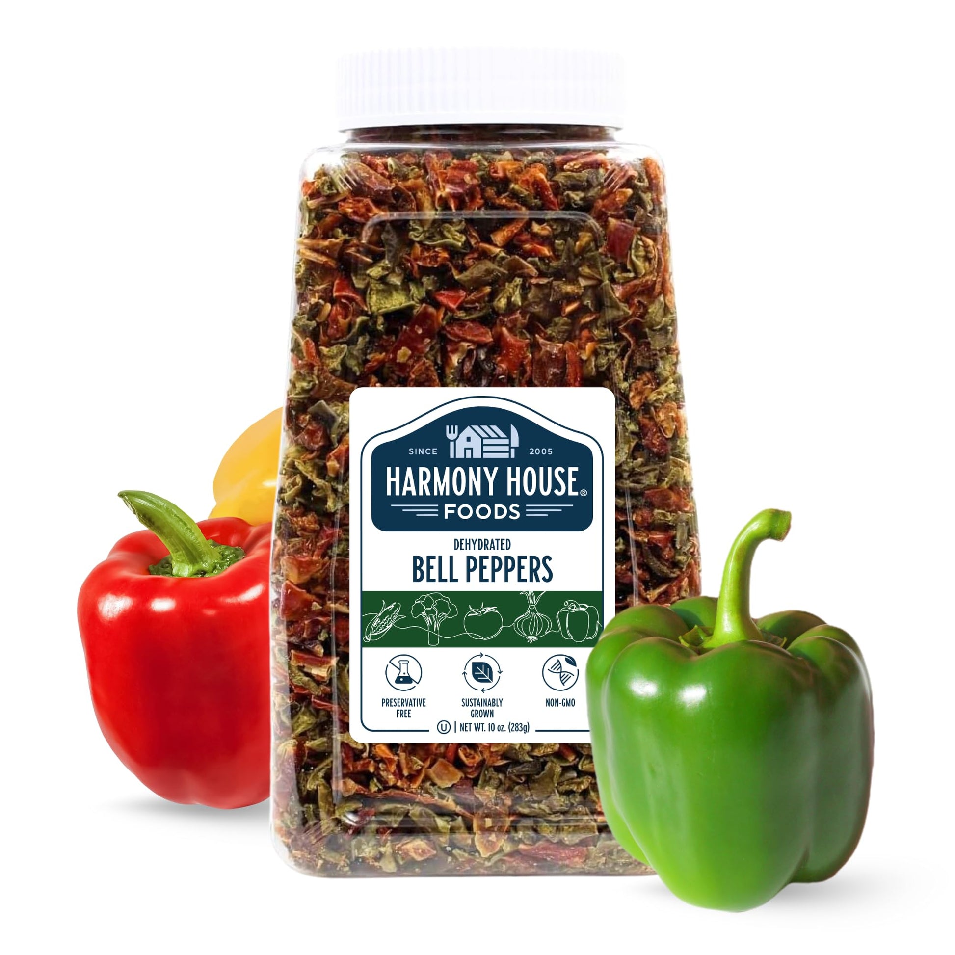 Harmony House Dried Mixed Bell Peppers, Diced – Dehydrated Vegetables For Cooking, Camping, Emergency Supply and More, 10 oz Jar