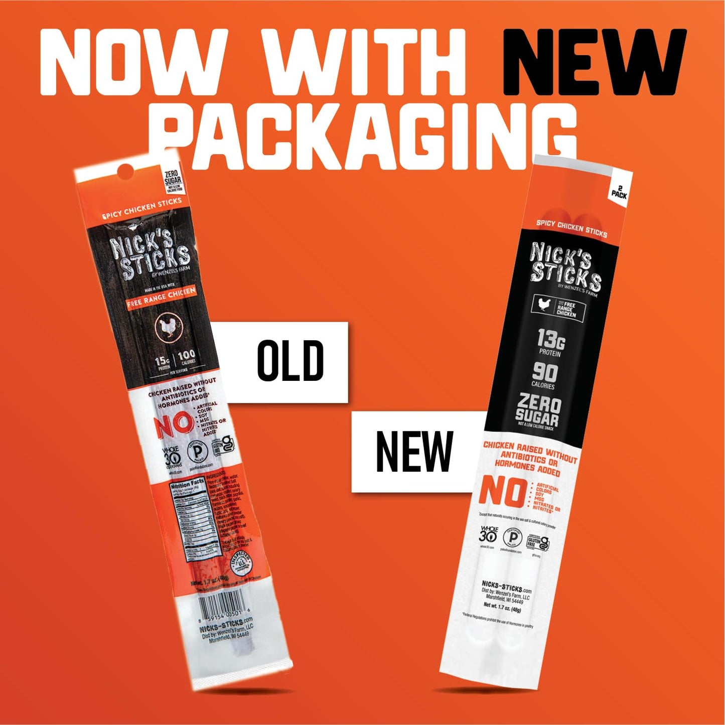 Nicks Sticks Spicy Free Range Clean & Balanced Chicken Snack Sticks | Made in the USA | Gluten Free | Paleo, Keto, Whole30 Appr