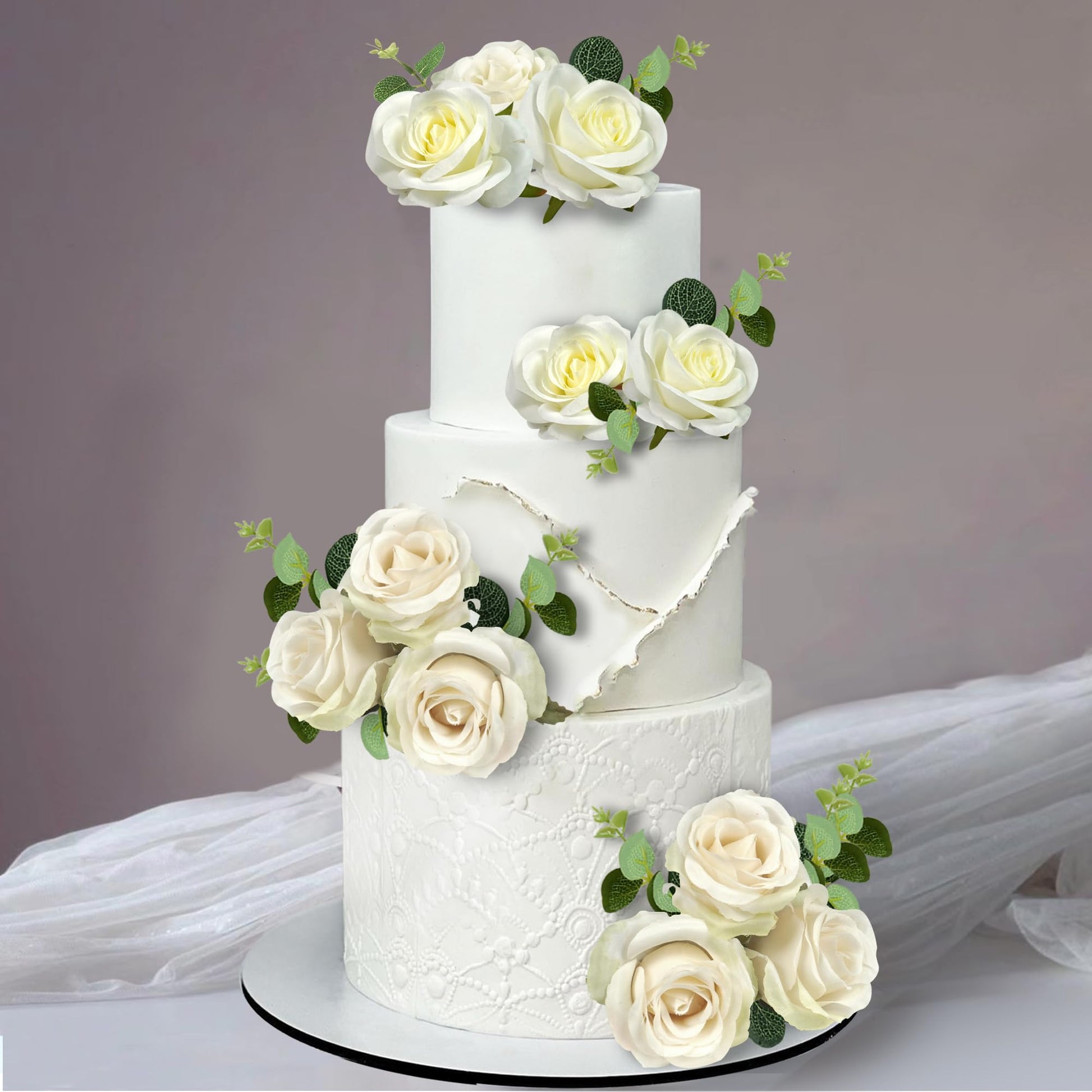 DRWATE Flower Cake Toppers Artificial White Rose Eucalyptus Decorations for Birthday, Wedding, Baby Shower, Boho Party Supplies