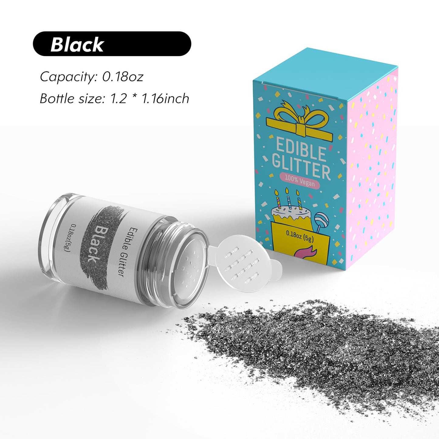 Jelife Black Edible Glitter Dust For Drinks - 5 Grams Food Grade Luster Glitter Dust, Sprinkle On Sparkle Edible Food Coloring P