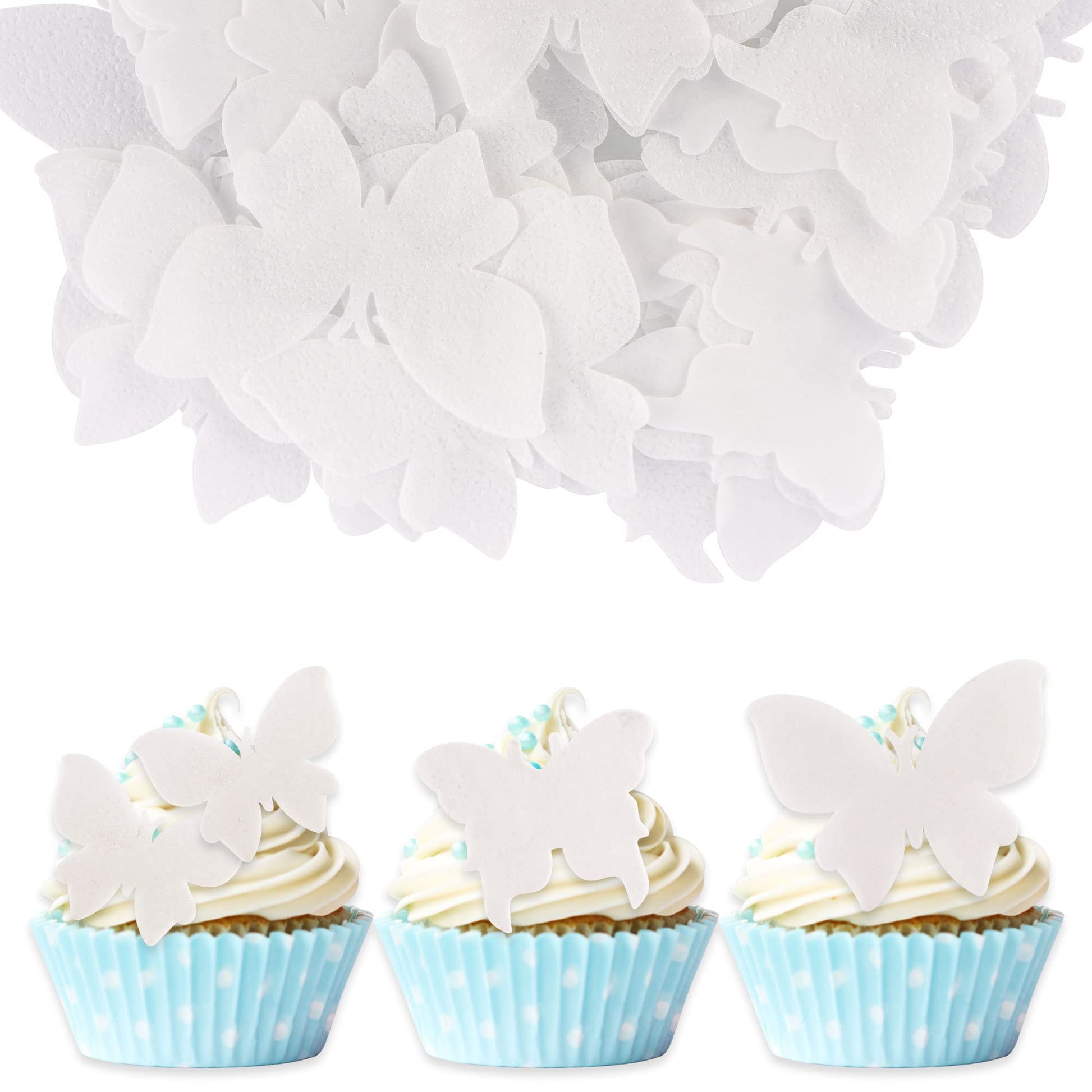 Gyufise 50Pcs Wafer 3D White Cupcake Toppers DIY Realistic Butterfly Dessert Decoration for Birthday Party Wedding Food Decorati