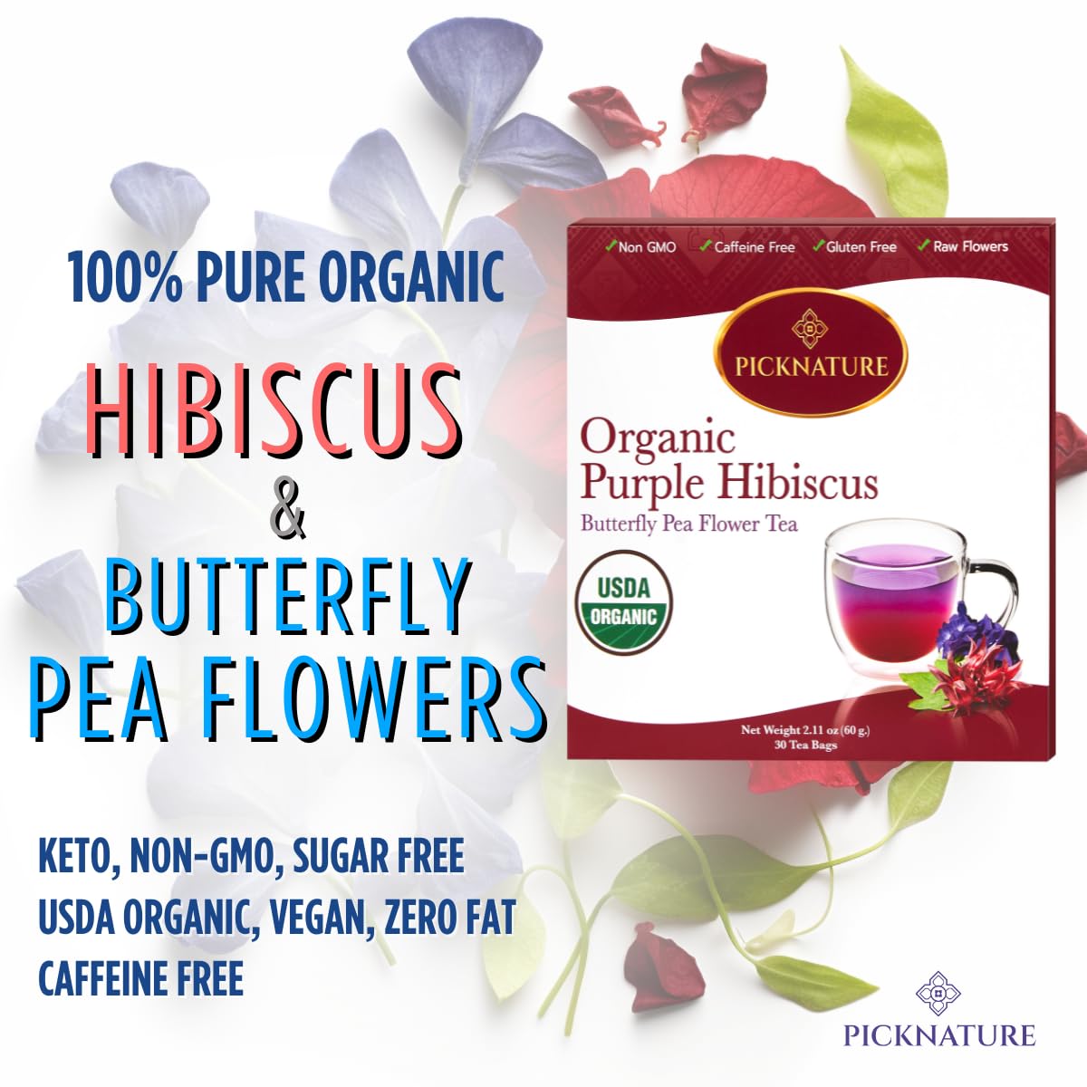 Picknature Purple Hibiscus Tea And Butterfly Pea Flower Tea Bag Leaf Freshly Picked From Thailand | 30 Tea Bags (100+ Cups) | He