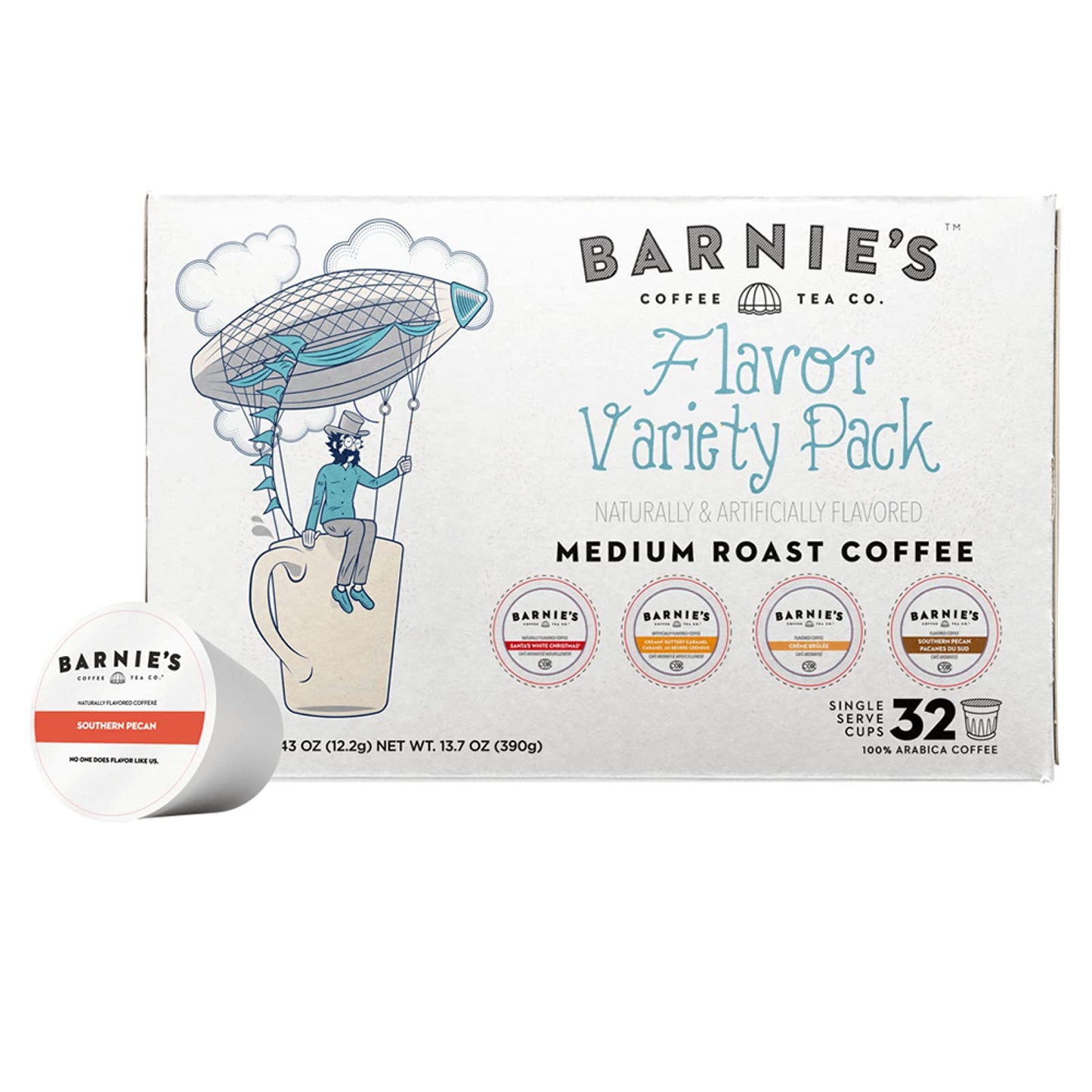 Barnies Coffee Pods With Santas White Christmas, Southern Pecan, Creamy Buttery Caramel, And Cool Cafe Blues, Assorted Variety Pack, 32 Count