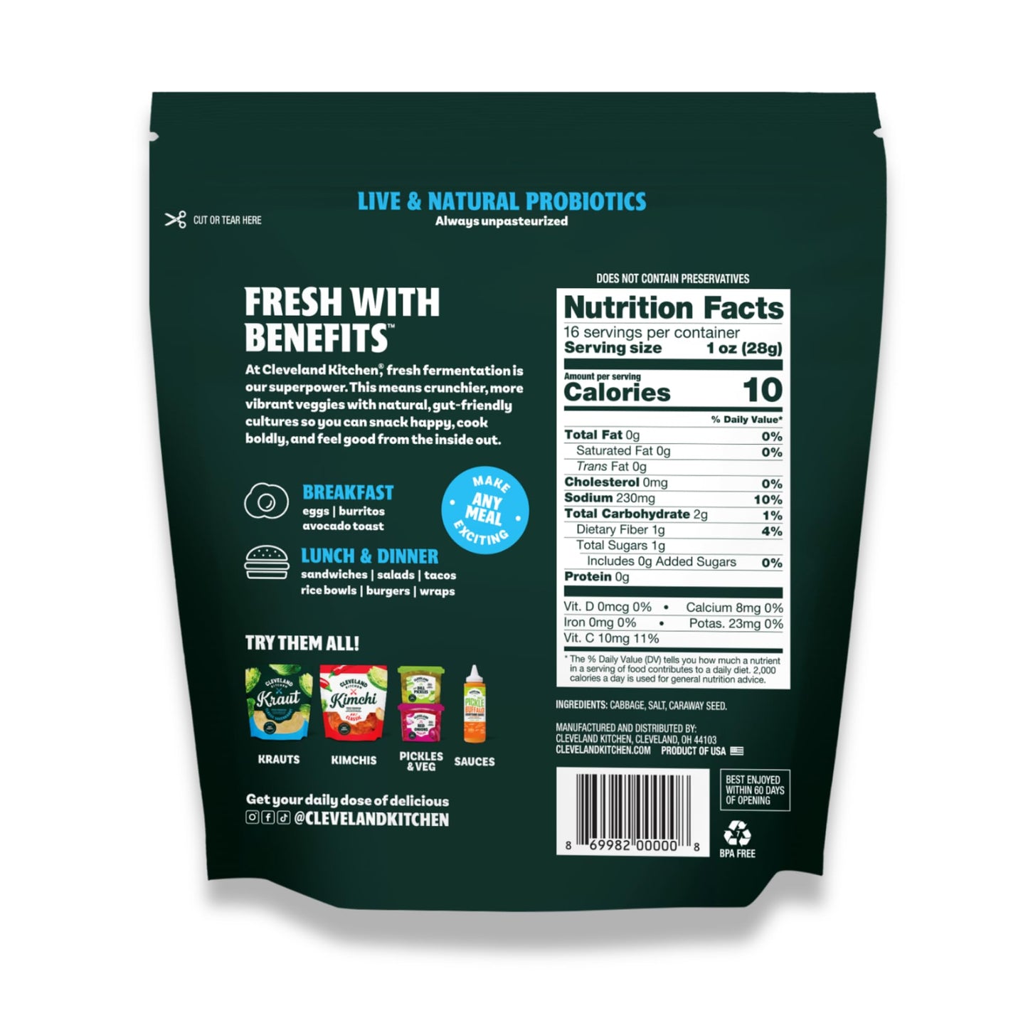 Cleveland Kitchen Classic Kraut, Lightly Fermented Vegetables, Fresh & Crunchy Sauerkraut, Live & Natural Probiotics, 16 oz