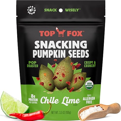 Top Fox Snacks - Organic Pop-Roasted Pumpkin Seeds | Healthy Protein Snacks - Gluten Free - Keto And Vegan Friendly (Chile Lime, 3.5 Oz - 6 Pack)