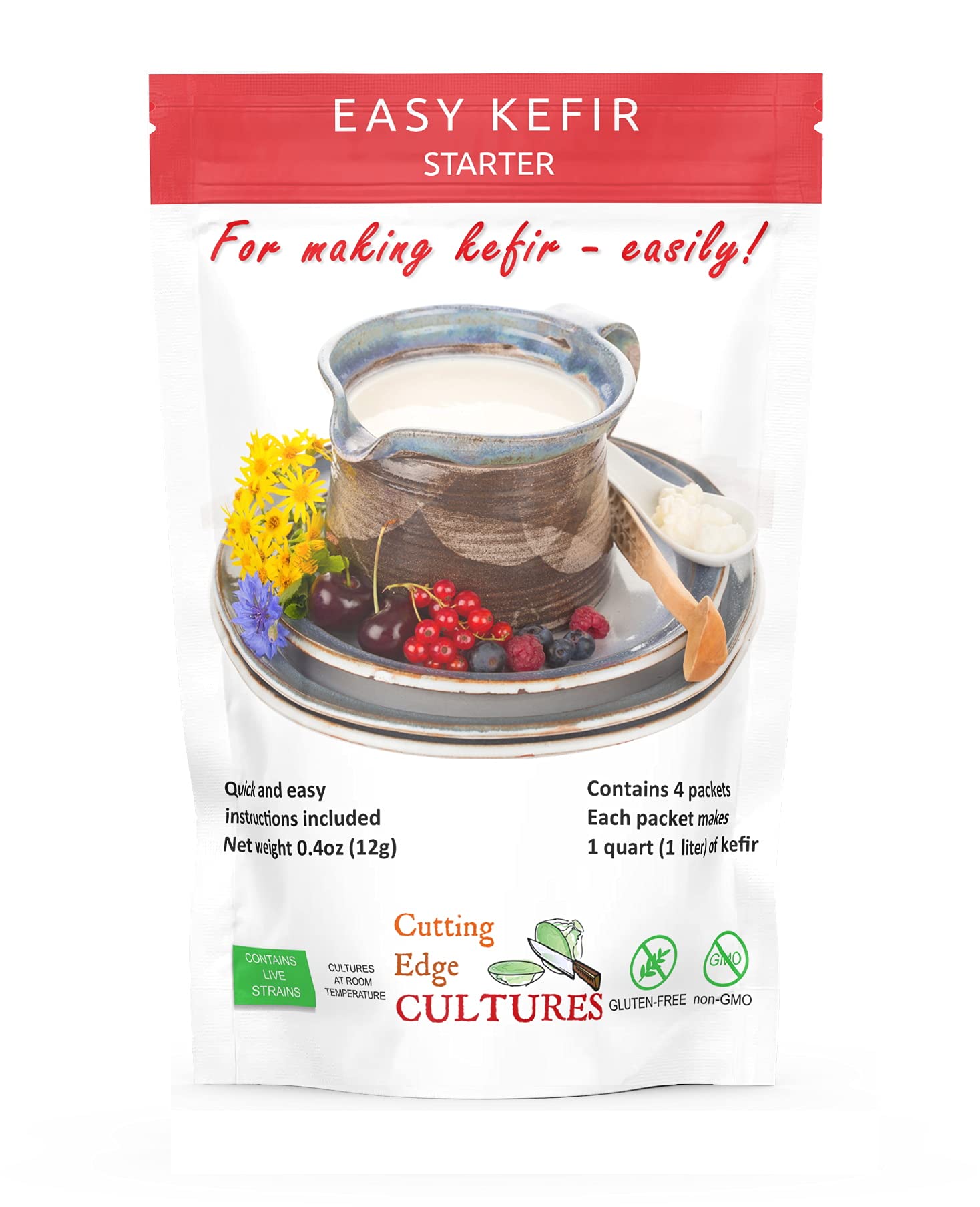 Cutting Edge Cultures Easy Kefir Starter Culture, 4 Pack, 20g, White, Model CEC-Starter-Culture-Kefir-1box