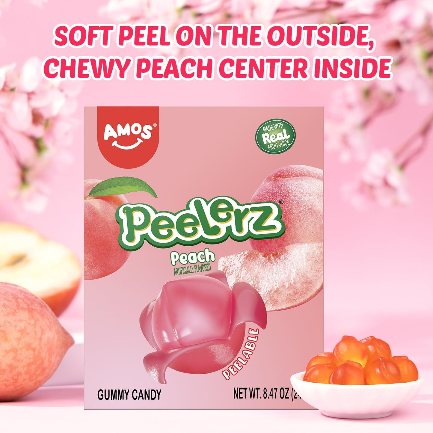 Amos Gummy Peach Candy, Peelable Fruit-Shaped Snack, 8.47oz Box with 10 Packs