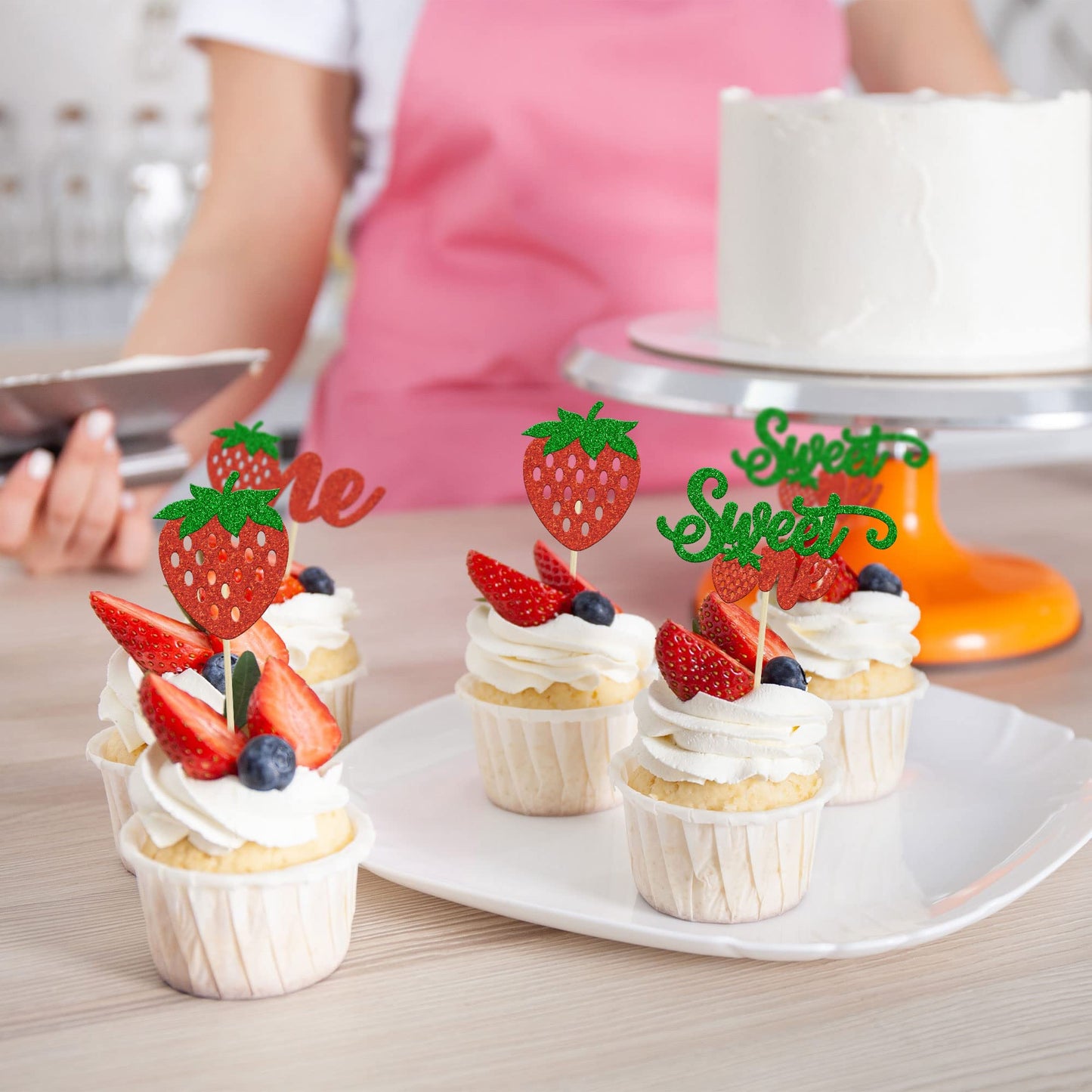 Gyufise 24Pcs Strawberry One Cupcake Toppers Glitter Sweet One First Birthday Cupcake Picks For Fruit Theme Baby Shower Kids 1St
