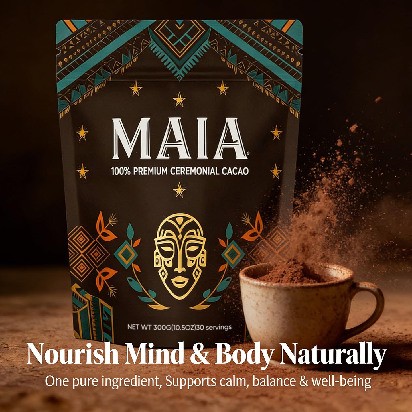 Maia Ceremonial Cacao - 100% Pure Natural  Enhanced with Flavanol  Theobromine  Magnesium & Natural Flavonoids Blend  For Mental Clarity  Focus  Energy Boost & Mood Elevation  Zero Sugar  Non-GMO  Vegan