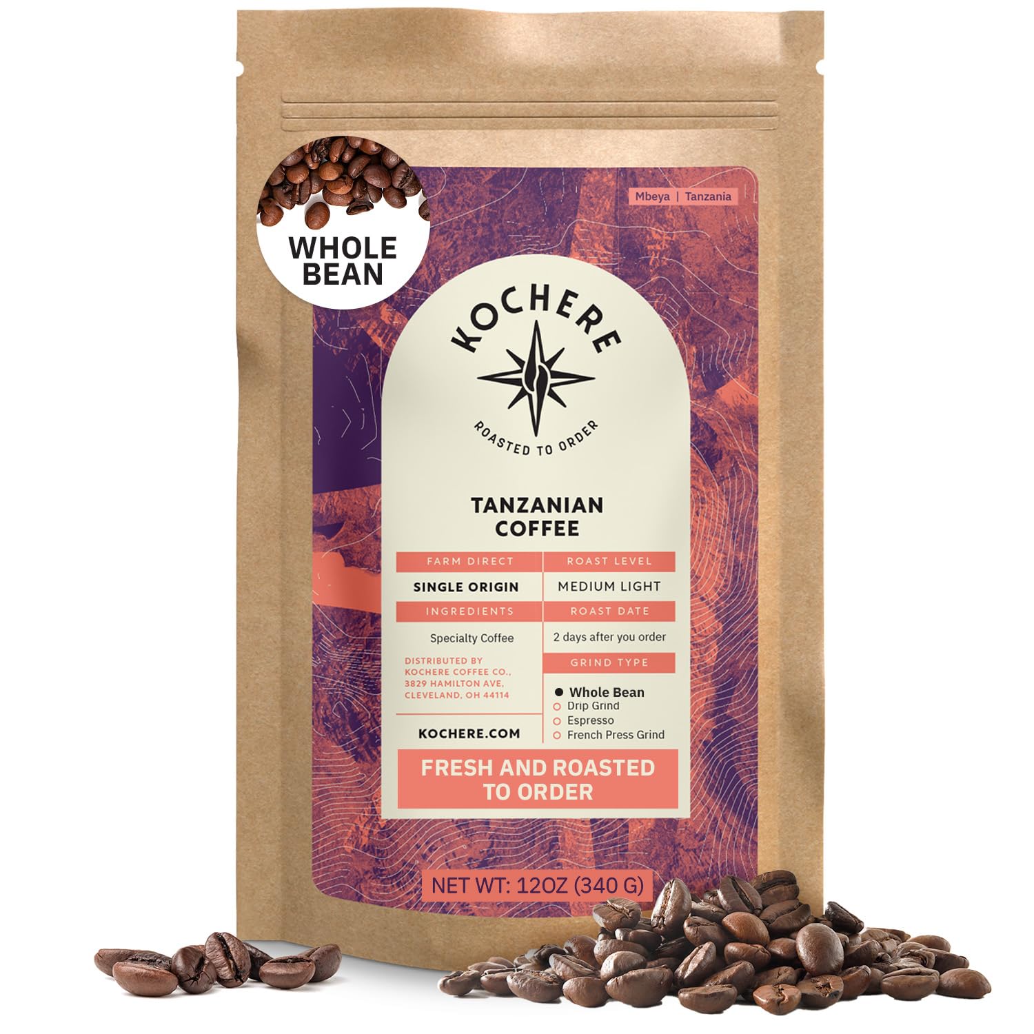 Kochere Tanzanian Peaberry Coffee Whole Bean - Medium Light Roast, 12 Ounce, Specialty Grade, Fair Trade, Non-GMO