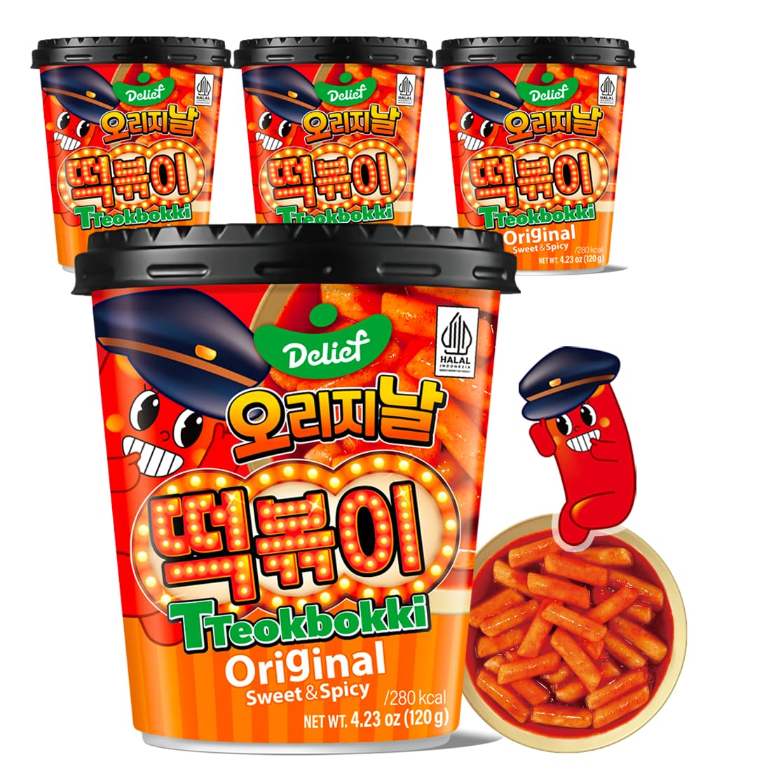 DELIEF Tteokbokki Cup Original Flavor (Sweet and Spicy) 4.23oz(120g) Korean Street Food Korea Instant Rice Cake Snack, 4 Packs