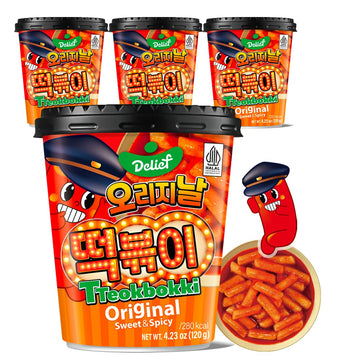 DELIEF Tteokbokki Cup Original Flavor (Sweet and Spicy) 4.23oz(120g) Korean Street Food Korea Instant Rice Cake Snack, 4 Packs