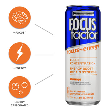 Focus Factor Energy Drink - Sugar Free, Low Calorie, Lightly Carbonated - Pack of 12 x 355ml Cans - Orange Flavour