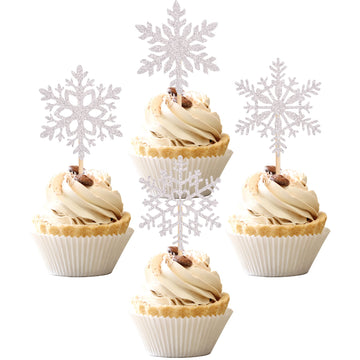 24 Pcs Snowflake Cupcake Toppers Glitter Winter Theme Snowflake Cupcake Picks Baby Shower Kids Birthday Christmas Party Cake Dec