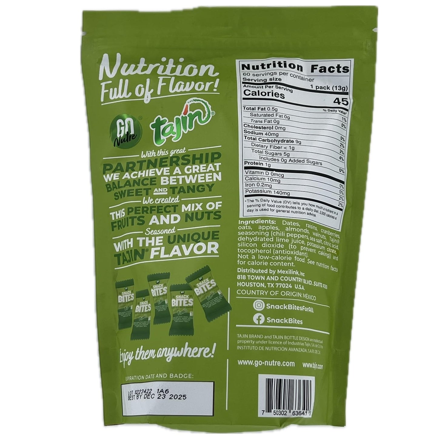Go Nutre Fruit & Nut Squares Snack Bites with Tajin, 0.46 oz, Pack of 60 - Healthy Snack Bites for On-the-Go Energy