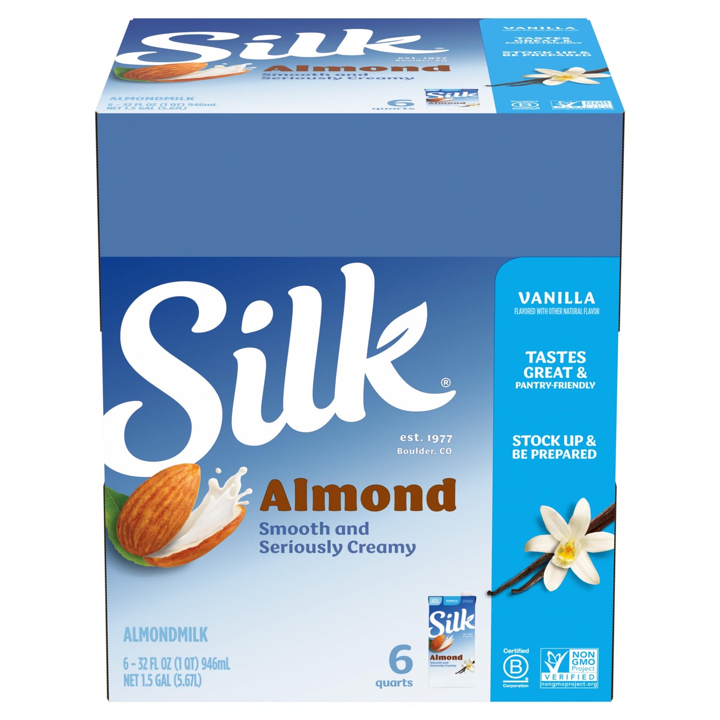 Silk Shelf-Stable Almond Milk, Vanilla, Dairy-Free, Vegan, Non-GMO Project Verified, 1 Quart (Pack of 6)