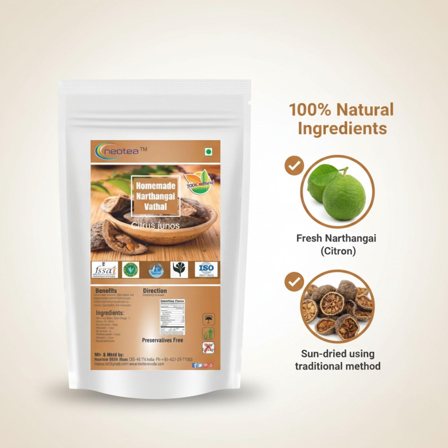 Neotea Homemade Salted Citron Vathal | Narthangai | Sun-Dried Citron | Bitter Orange | South Indian Traditional Vathal 500 Gm (17.63 Oz)