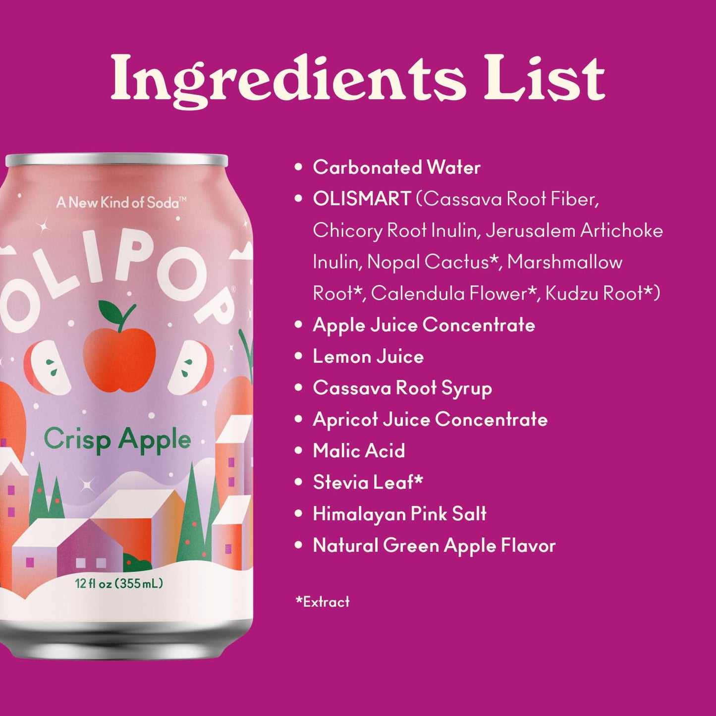 OLIPOP Prebiotic Soda Pop, Crisp Apple, A New Kind of Soda Packed with Prebiotics, Fiber, and Botanicals, Gluten Free, Vegan, GM