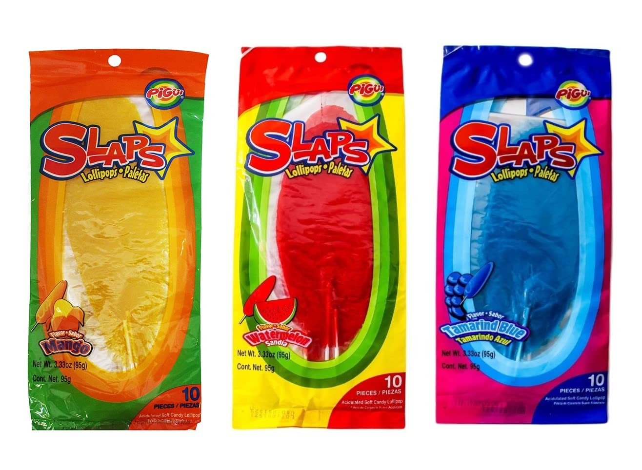Slaps Paletas / Lollipops, Mango, Sandia (Watermelon) and Tamarindo Azul (Tamarind Blue), 10 Piezes (Pieces) Each, 30 Piezes (Pi