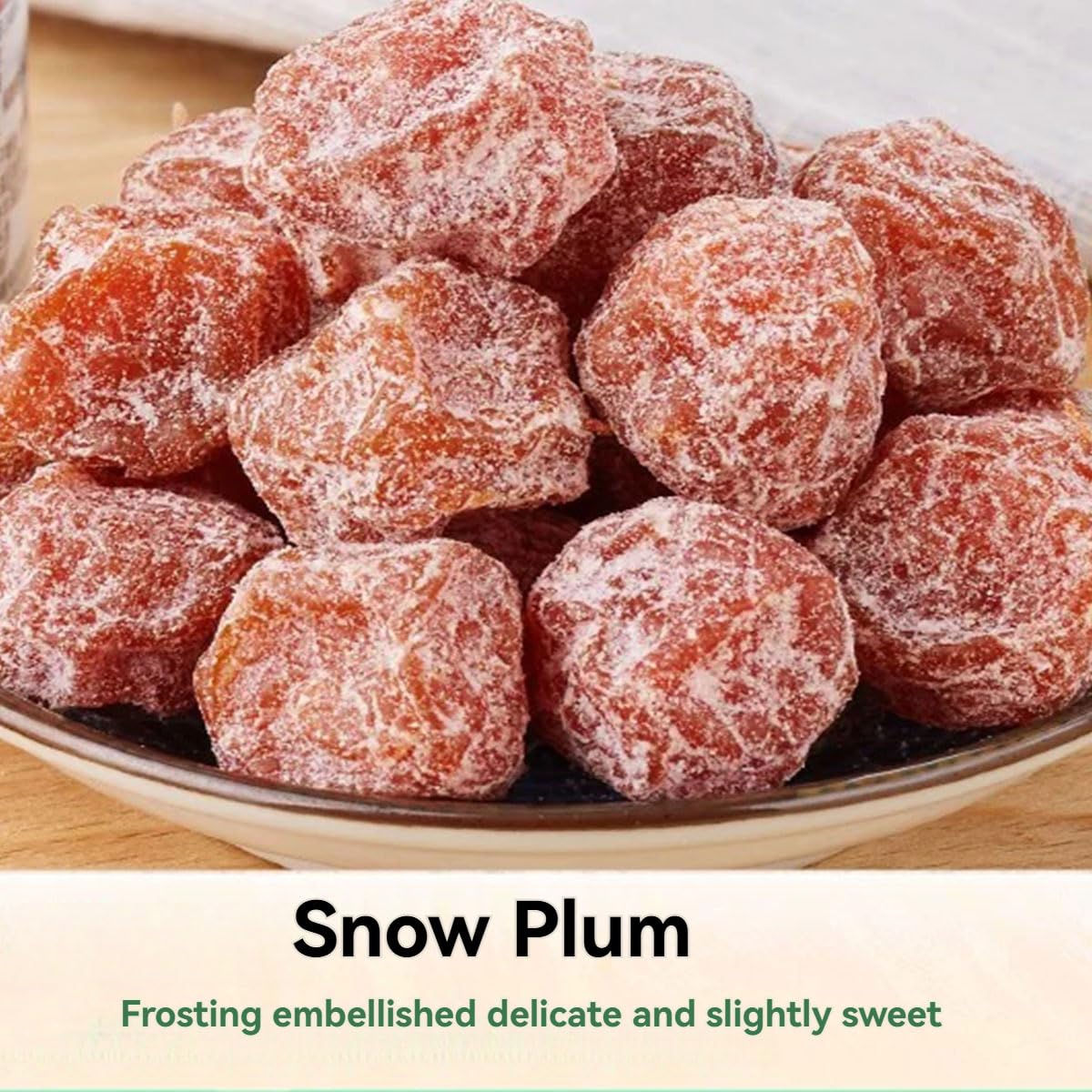 Five types mixed with fruit at 10.58oz/300g. Snowflake green plum, Yangmei, Ximei, semi dried plum, green plum, and mixed dried
