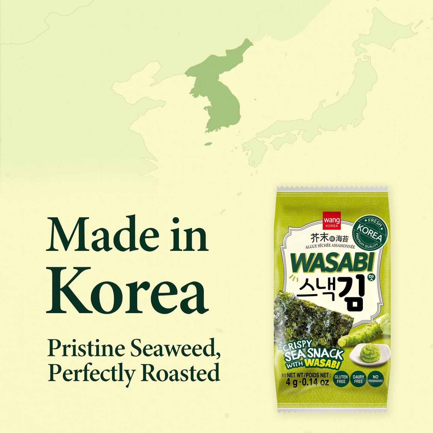 Wang Korean Roasted Seaweed Snack With Wasabi, Keto-Friendly, Vegan, Gluten-Free, Healthy Snack, Pack Of 16