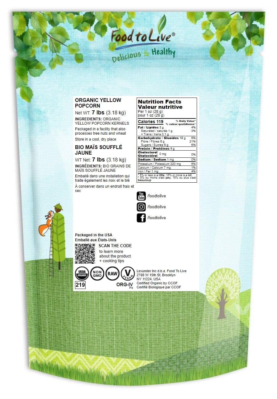Food to Live Organic Yellow Popcorn, Non-GMO, 7 lbs, 100% Whole Grain, High Fiber, Low-Calorie Snack