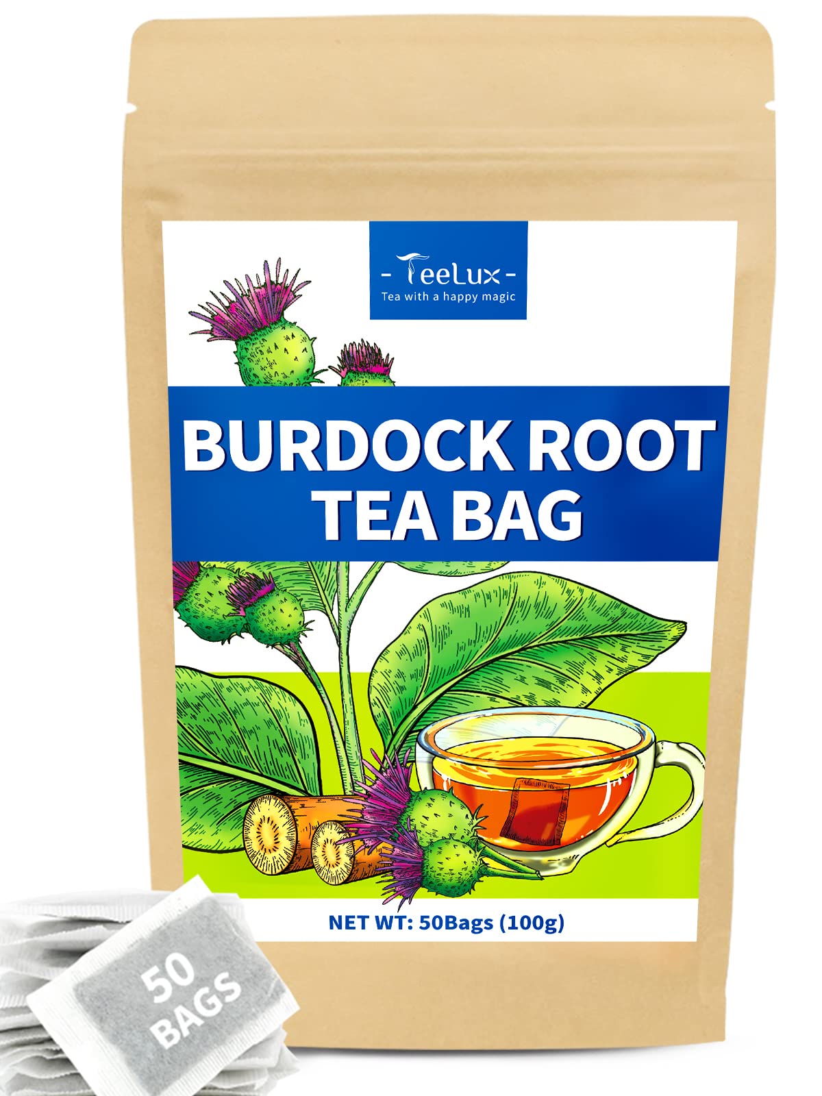 TeeLux Burdock Root Tea Bags, Caffeine Free Herbal Tea, 50 Count Pack