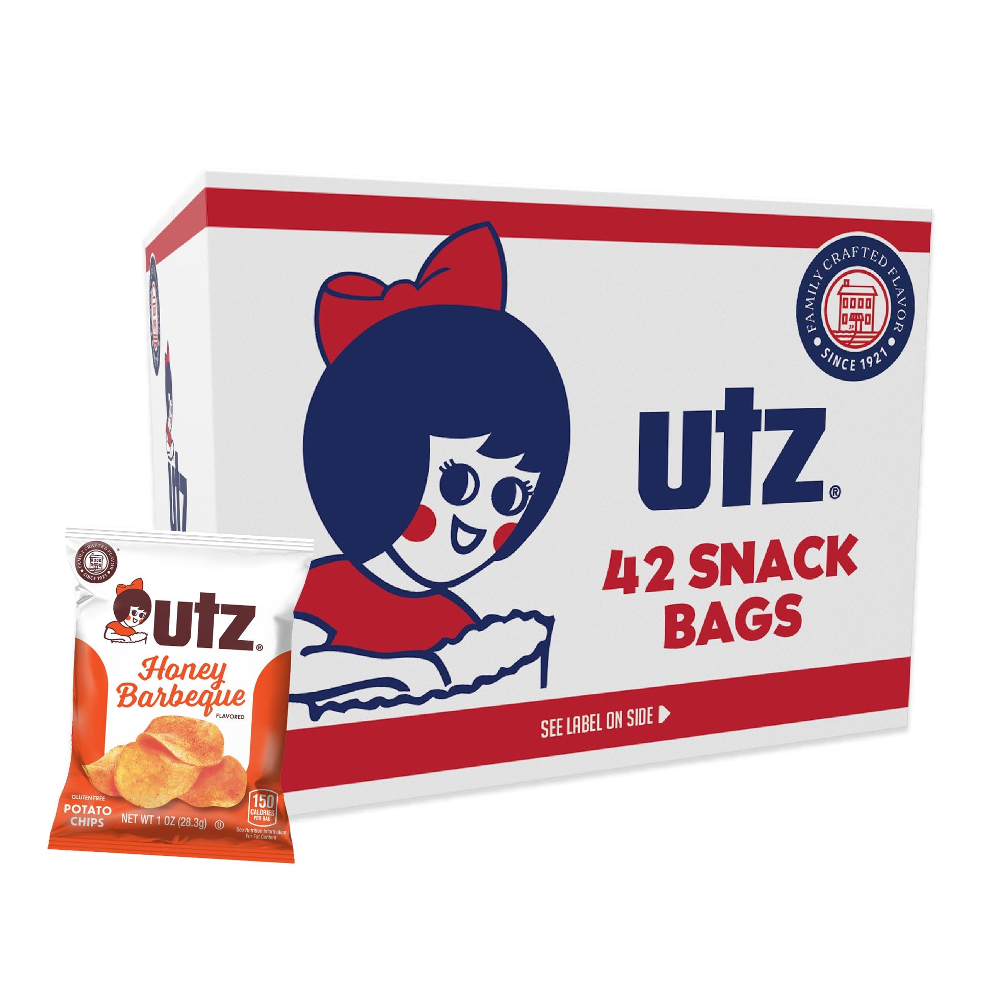 Utz Honey Barbeque Potato Chips, 42 Count, 2.63 Pound Pack, Crunchy Go Snacks