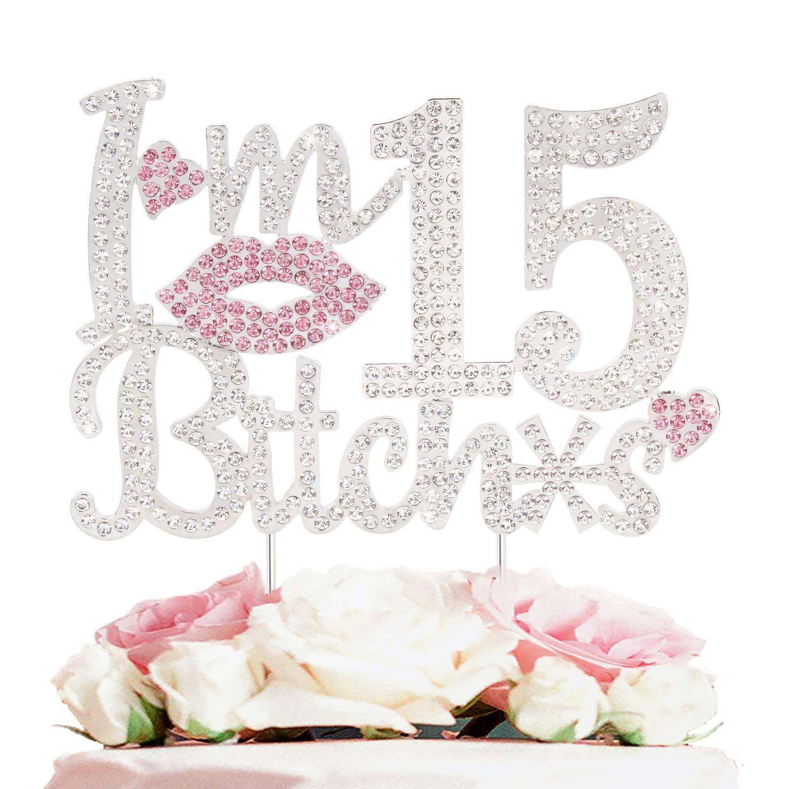 Laskyer I'M 15Th Funny Birthday Pink Rhinestone Cake Topper - Happy 15Th Birthday Cheers To 15 Years Old Fifteen Bday Party Meta