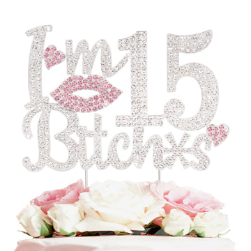 Laskyer I'M 15Th Funny Birthday Pink Rhinestone Cake Topper - Happy 15Th Birthday Cheers To 15 Years Old Fifteen Bday Party Meta