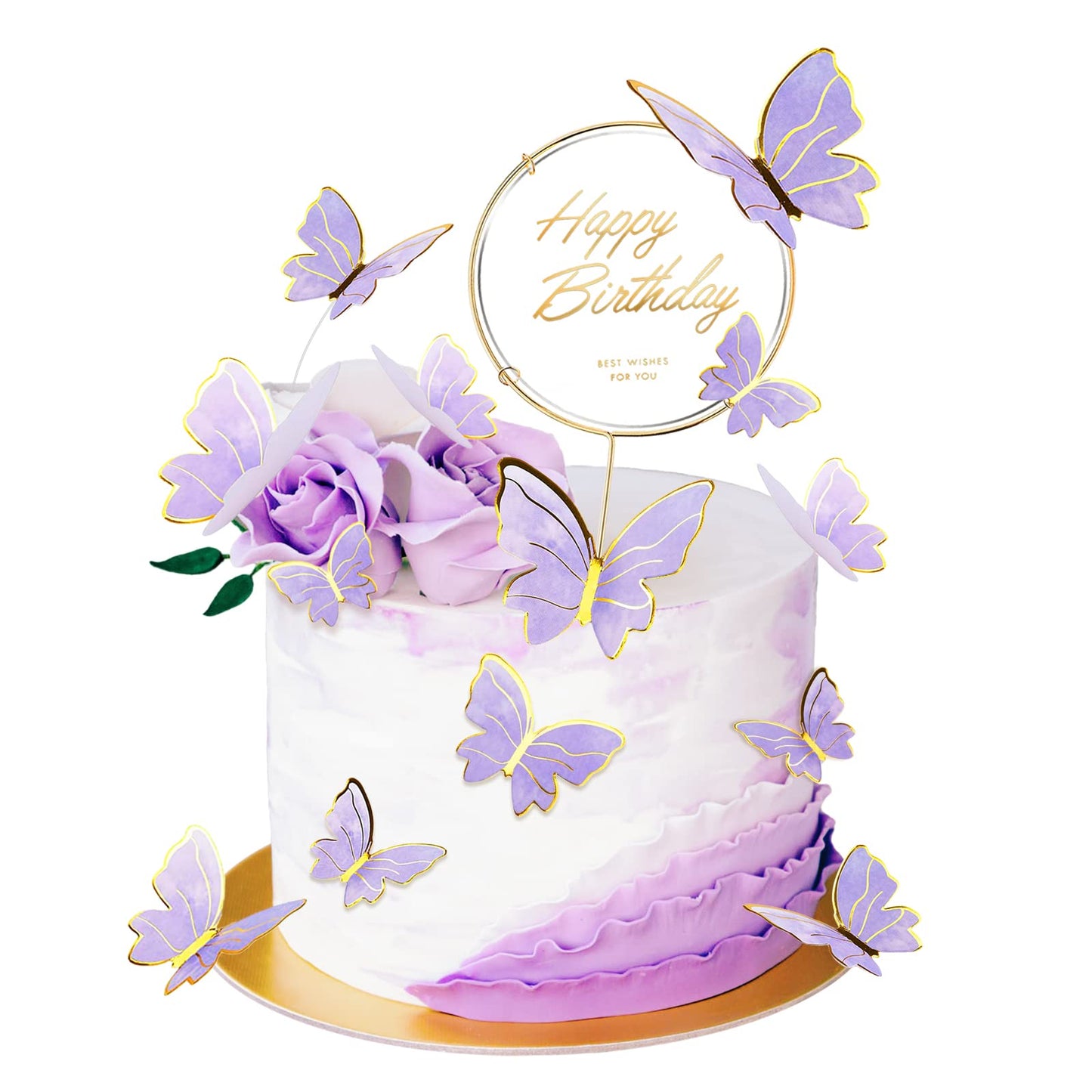 BHNKGZNA 13 Pieces Butterfly Cake Toppers 3D Pink Gold Decorations for Birthday Party Wedding Baby Shower, Purple Cardstock, Model RIT01